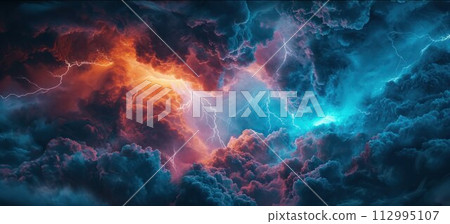 Lightning thunderstorm flash over the night sky. Concept on topic weather, cataclysms (hurricane, Typhoon, storm 112995107