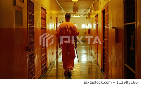 prisoner walking in orange uniform 112995160