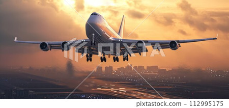 passenger plane taking over airport runway use for air transport and traveling theme 112995175