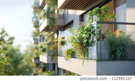 Modern and ecological skyscrapers with many trees on each balcony. Modern architecture, vertical gardens, terraces with plants 112995187
