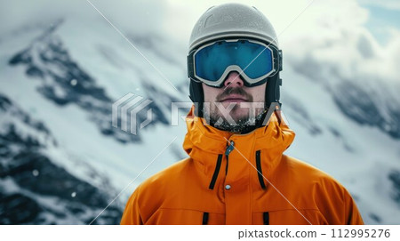 Close up of the ski goggles of a man with the reflection of snowed mountains. A mountain range reflected in the ski mask. Close up of the ski goggles of a man with the reflection of snowed mountains. A mountain range reflected in the ski mask. 112995276