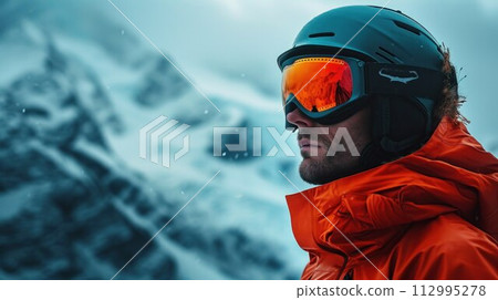 Close up of the ski goggles of a man with the reflection of snowed mountains. A mountain range reflected in the ski mask. 112995278