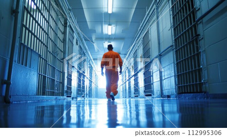 prisoner walking in orange uniform 112995306