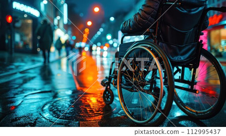 Man on wheelchair cross the road at dusk, Lifestyle living in street transport 112995437