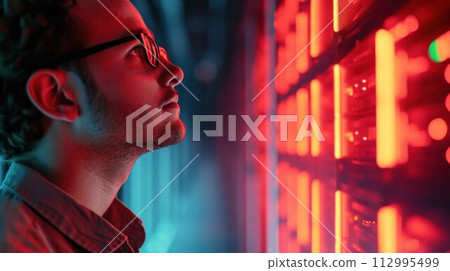 Close-up Of Young Male Technician Checking Server's Wires In Data Center 112995499