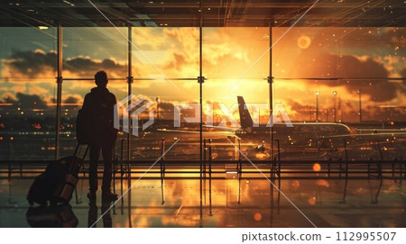 Man tourist passager getting in to airplane at airport, walking from the terminal to the plane 112995507
