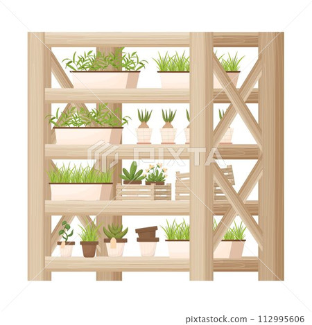 Wooden shelving, showcase with plants, flowerpots in cartoon style, textured and detailed isolated on white background. Indoor furniture, elegant bookcase, floral store equipment.  112995606