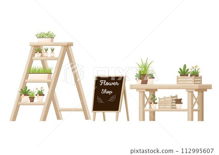 Flower shop wooden furniture, store equipment with shelving ladder, desk and advertising board isolated on white background in cartoon style. Retail decoration element, flowerpot, fresh, green plants Flower shop wooden furniture, store equipment with shelving ladder, desk and advertising board isolated on white background in cartoon style. Retail decoration element, flowerpot, fresh, green plants 112995607