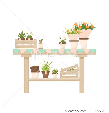 Wooden table with potted plants, flowers, florist shop, orangery decoration in cartoon style isolated on white background. Gardening, seeding element, advertising composition. Furniture for interior. Wooden table with potted plants, flowers, florist shop, orangery decoration in cartoon style isolated on white background. Gardening, seeding element, advertising composition. Furniture for interior. 112995616