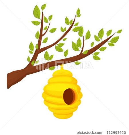 Bee hive on tree branch in cartoon style isolated on white background. Wild, hanging construction. Bee colony home. Bee hive on tree branch in cartoon style isolated on white background. Wild, hanging construction. Bee colony home. 112995620