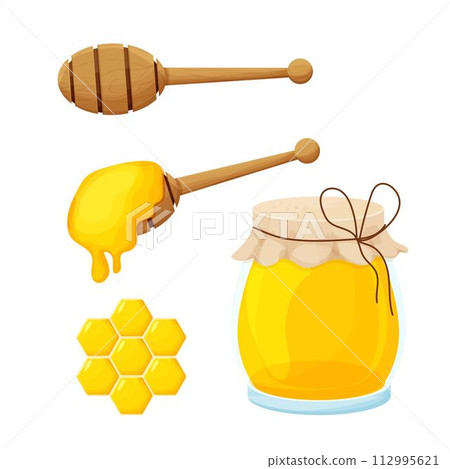 Set of honey dipper wooden spoon and glass jar. Apiculture, sweet nutrition dessert, farming. Elements in cartoon style isolated on white background.  112995621