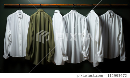 Mens Shirt Hanging in Wardrobe: Blue Cotton Apparel on Hanger, Generative Ai 112995672