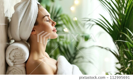 Calm serene young woman in spa bathrobe and towel relaxing after taking shower bath with her eyes closed at home. Beauty treatment concept Calm serene young woman in spa bathrobe and towel relaxing after taking shower bath with her eyes closed at home. Beauty treatment concept 112995691