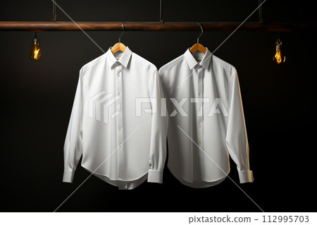 Mens Shirt Hanging in Wardrobe: Blue Cotton Apparel on Hanger, Generative Ai 112995703