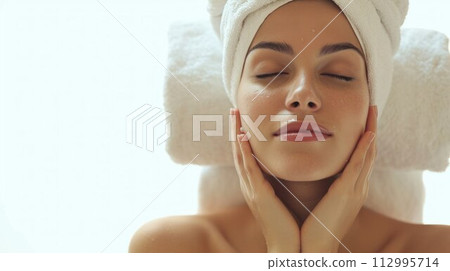 Calm serene young woman in spa bathrobe and towel relaxing after taking shower bath with her eyes closed at home. Beauty treatment concept Calm serene young woman in spa bathrobe and towel relaxing after taking shower bath with her eyes closed at home. Beauty treatment concept 112995714