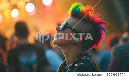 Girl punk rock musician with bright makeup and rainbow mohawk at concert 112995721
