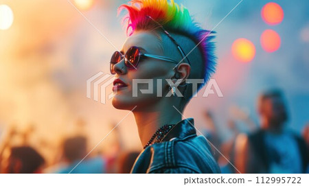 Girl punk rock musician with bright makeup and rainbow mohawk at concert 112995722