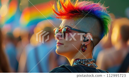 Girl punk rock musician with bright makeup and rainbow mohawk at concert 112995723