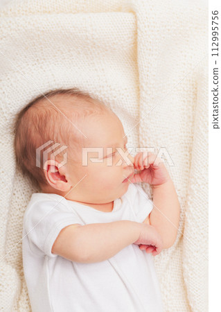 Newborn Baby Asleep on Cream Blanket 112995756