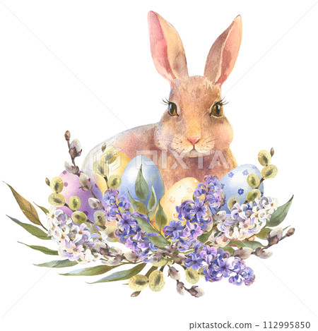 Watercolor peach rabbit is sitting in the spring flowers wreath. Easter bunny and colorful eggs, decorative eggs yellow, blue, violet. Template for designs , card, wallpaper. 112995850