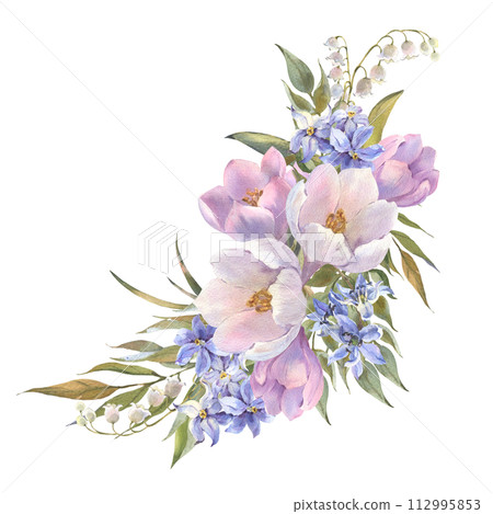 Watercolor illustration, template of spring flowers. Watercolor background with blossoming crocuses, lilies of the valley, snowdrops. Design for printing postcards, invitations to weddings, birthdays Watercolor illustration, template of spring flowers. Watercolor background with blossoming crocuses, lilies of the valley, snowdrops. Design for printing postcards, invitations to weddings, birthdays 112995853