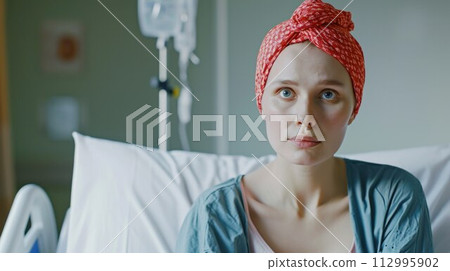 Young cancer woman lying in hospital bed 112995902