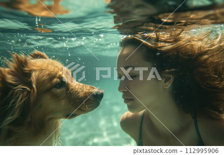 Underwater action. Young woman play with fun, training dog in swimming pool - jump and dive. Active water games with family pet 112995906