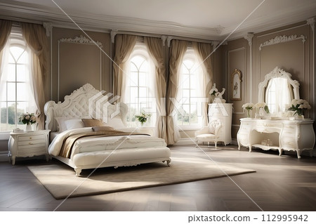 Luxury bedroom interior in classic style with a big bed and large window on the wall 112995942