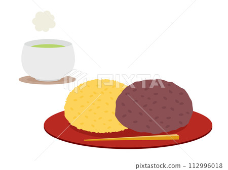 紅盤上的 ohagi 和茶的插圖 112996018