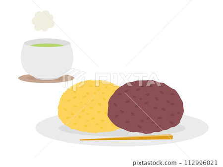Illustration of ohagi and tea on a white plate 112996021