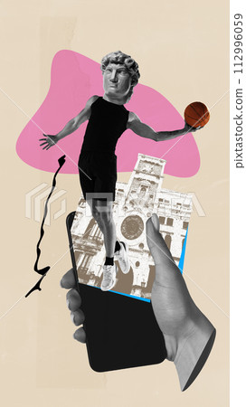 Muscular basketball player with antique statue bust in motion over phone screen with retro building. Contemporary art collage. 112996059