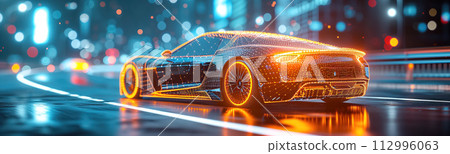 Car of the future on the urban background. Innovative technologies, electric car, smart car concept. 112996063