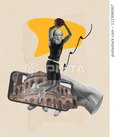 Muscular athlete with antique statue bust, basketball player in motion over phone screen with retro building. Contemporary art collage. 112996067