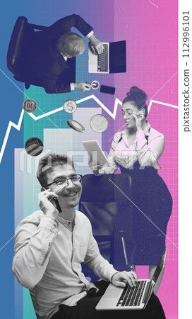 Group of employees working in office, growing financial aspects of company, developing strategy of successful promotion. Contemporary art collage. 112996101