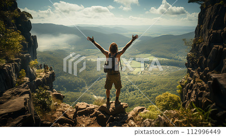 Happy man with arms up jumping, Generative Ai 112996449