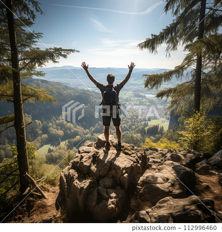 Happy man with arms up jumping, Generative Ai Happy man with arms up jumping, Generative Ai 112996460