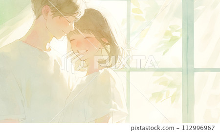 Watercolor illustration of a couple cuddling by the window in light colors 112996967