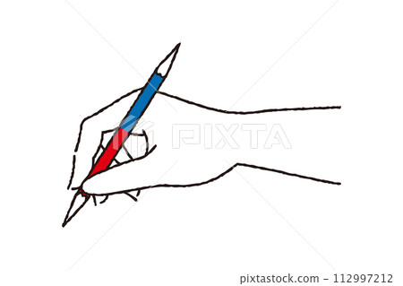 hand holding red and blue pencil hand holding red and blue pencil 112997212