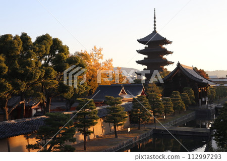 京都，清晨的東寺，五層寶塔與秋葉 112997293