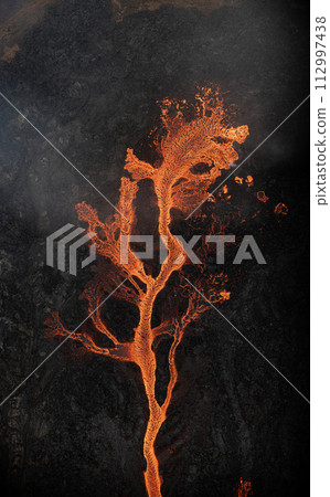 Aerial view of the texture of a solidifying lava field, close-up 112997438