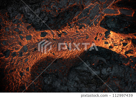 Aerial view of the texture of a solidifying lava field, close-up 112997439