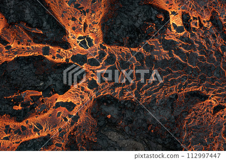 Aerial view of the texture of a solidifying lava field, close-up Aerial view of the texture of a solidifying lava field, close-up 112997447