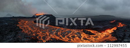 Beautiful aerial panoramatic view of active volcano, Litli - Hrutur, Iceland 2023 112997455