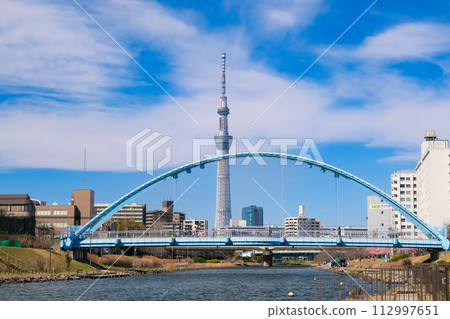 Former Nakagawa and Fureai Bridge overlooking the Tokyo Sky Tree, Tokyo Former Nakagawa and Fureai Bridge overlooking the Tokyo Sky Tree, Tokyo 112997651