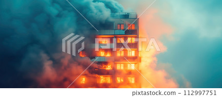High apartment house consuming by fire. Abstract panoramic background. 112997751