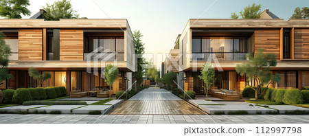 Beautiful panoramic background of the modern apartment houses. Concept of neighborhood and real estate. 112997798