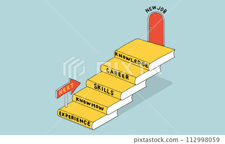 Reskilling - Career step image of taking on a new job by leveraging past experience and skills Reskilling - Career step image of taking on a new job by leveraging past experience and skills 112998059