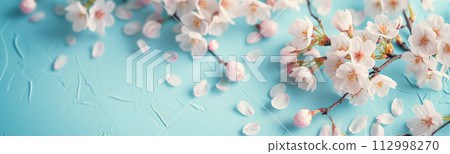 Panoramic isolated view of blooming cherry branches. Easter concept. Banner, wallpaper, card ideas. 112998270