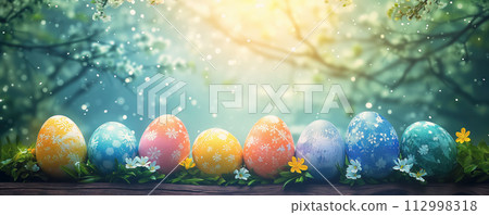 Dreamy view to colourful eggs on the green grass with blooming flowers and blossoming cherry in spring. Easter concept. 112998318