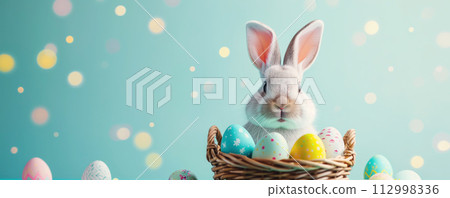 Funny bunny sitting in wicker basket full of colourful eggs on the blue background. Easter concept. 112998336